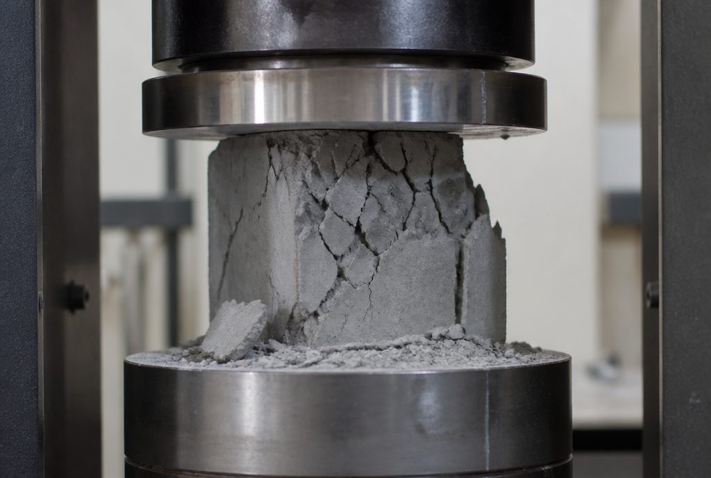Concrete cube compression test in the Soil Investigation Services materials laboratory