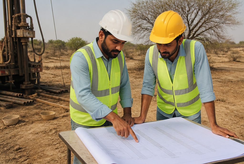 Soil Investigation Services engineers reviewing borehole logs on site