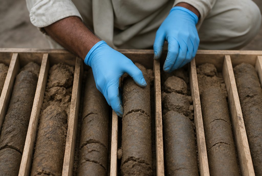 Soil samples being logged into core boxes by Soil Investigation Services field crew